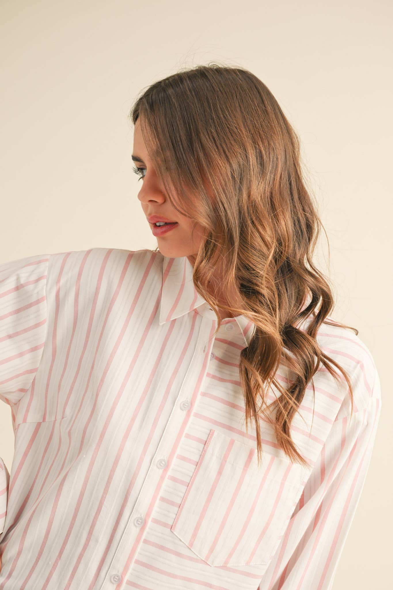 DAILY STRIPED COLLARED BUTTON DOWN TOP - CUSTARD STRIPE
