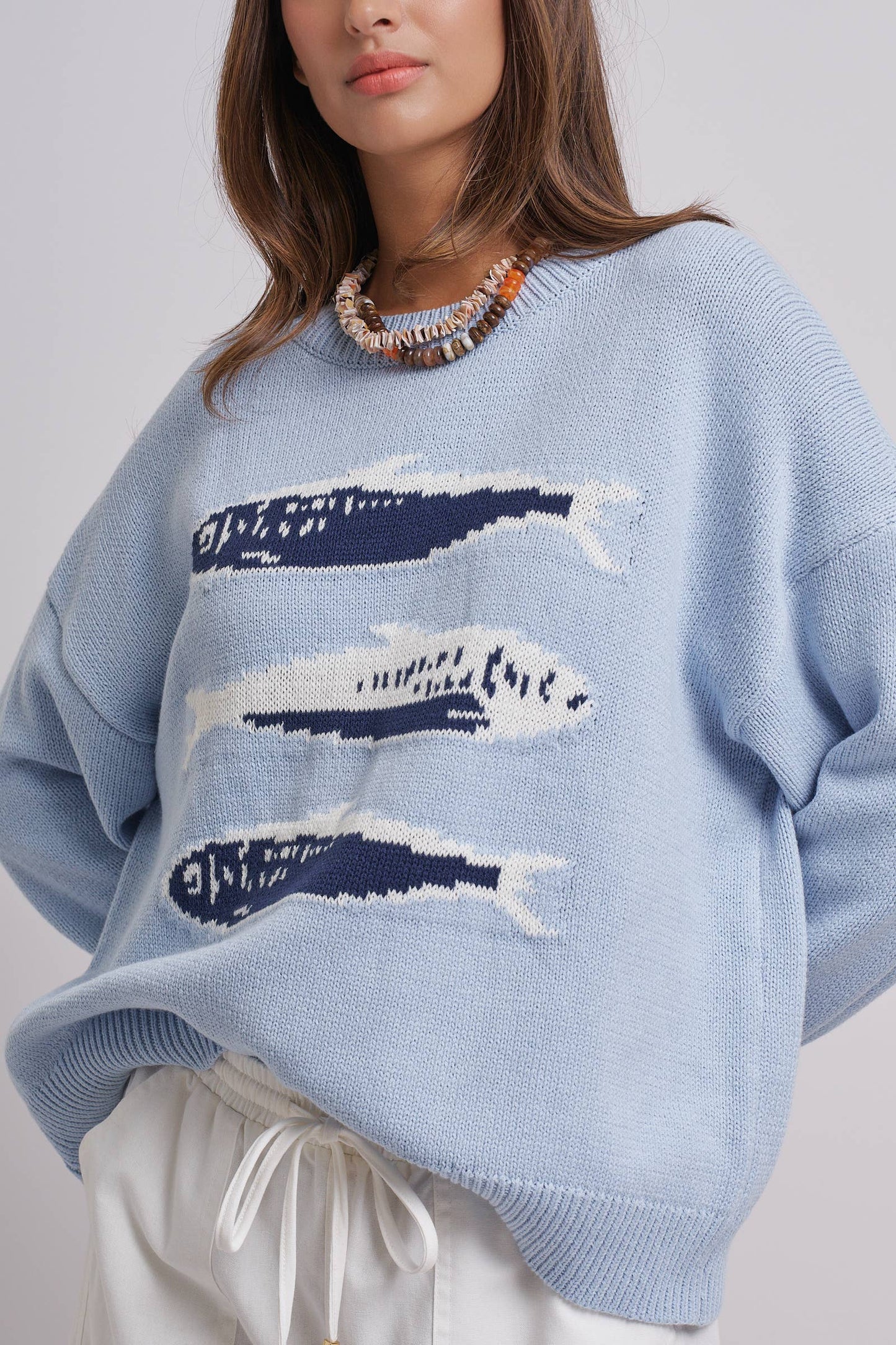 Graphic Oversized Drop-Shoulder Knit Sweater: Blue / SM-ML:3-3