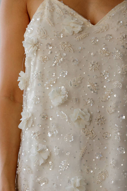 MERMAID SEQUIN EMBELLISHED SLIP DRESS: IVORY CREAM
