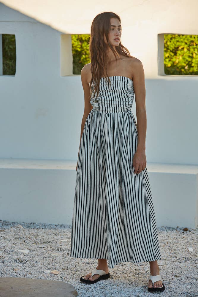 L6998 | Striped Tube Neck Strapless Flare Maxi Dress: Dusty Blue / S