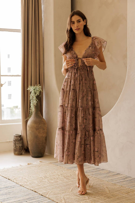 LANA FLORAL TIE FRONT TIERED MIDI DRESS: MAUVE FLORAL