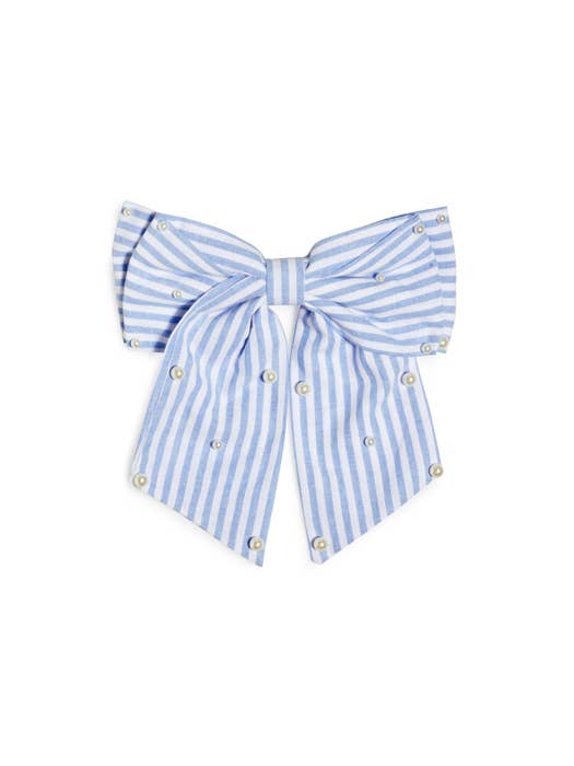 PEARLS AND STRIPES BOW CLIP: Blue