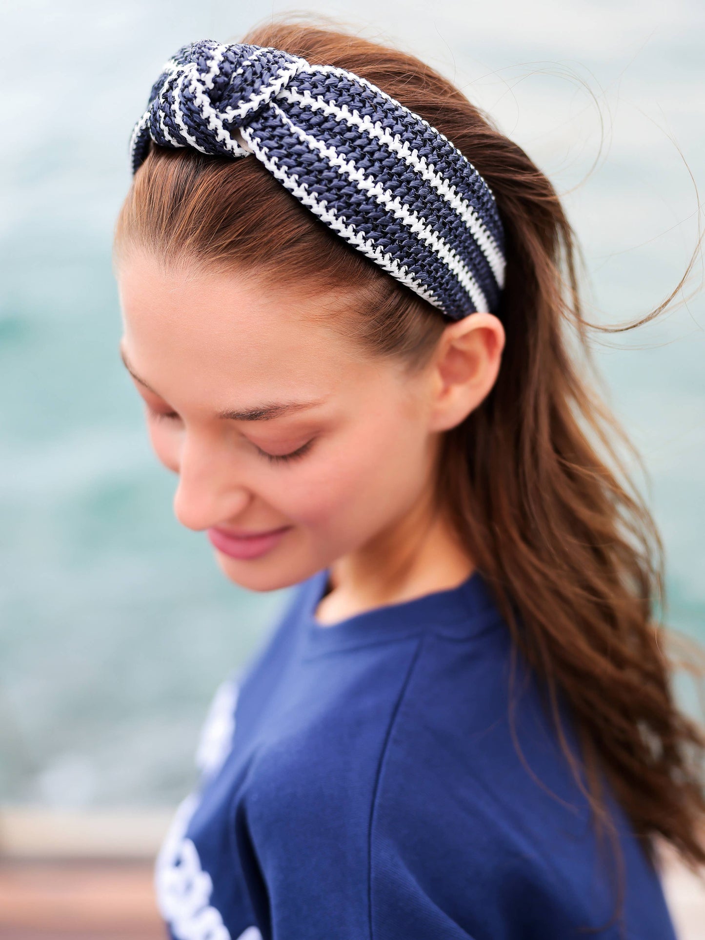 Woven Stripe Knotted Headband: NAVY