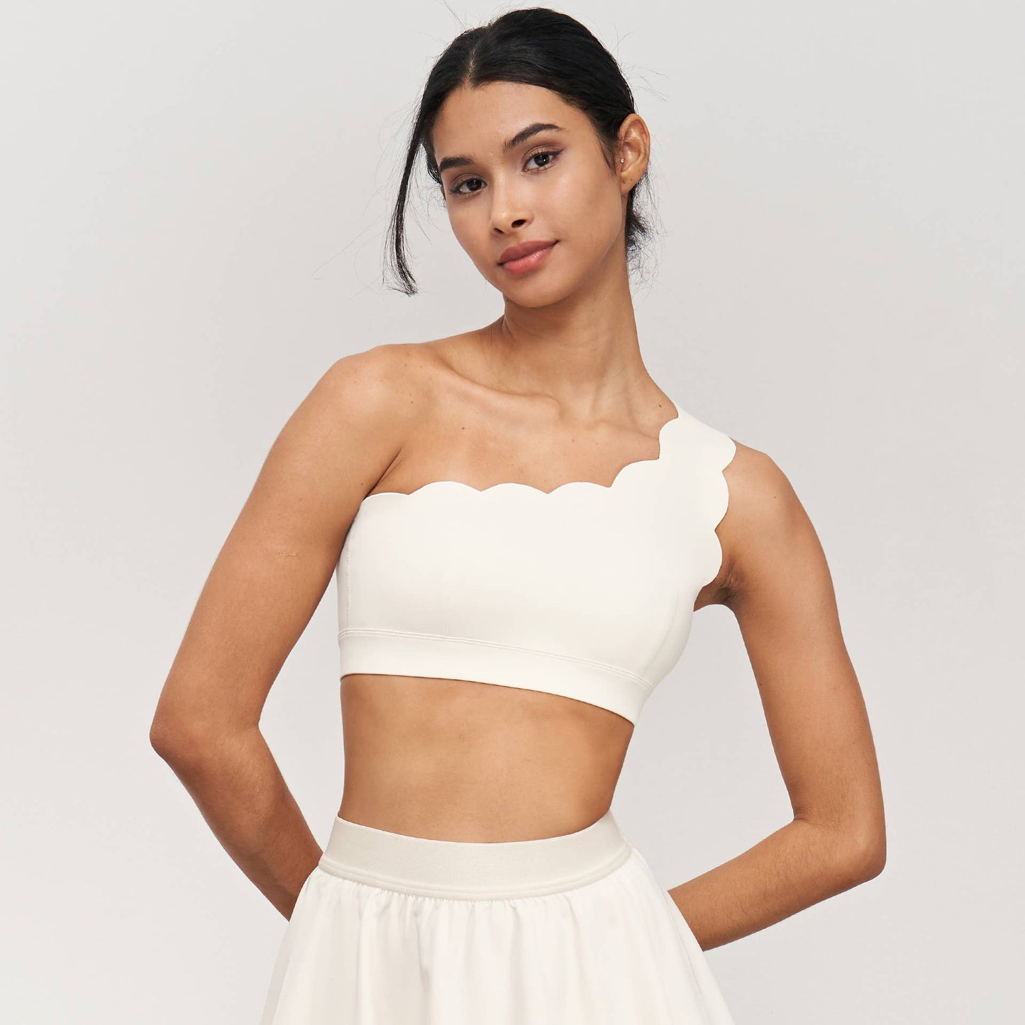 Helena Scalloped One Shoulder Sports Bra (Ivory)