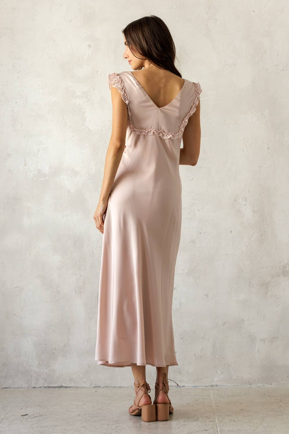 SIREN SATIN RUFFLE TIE MIDI DRESS: PINK