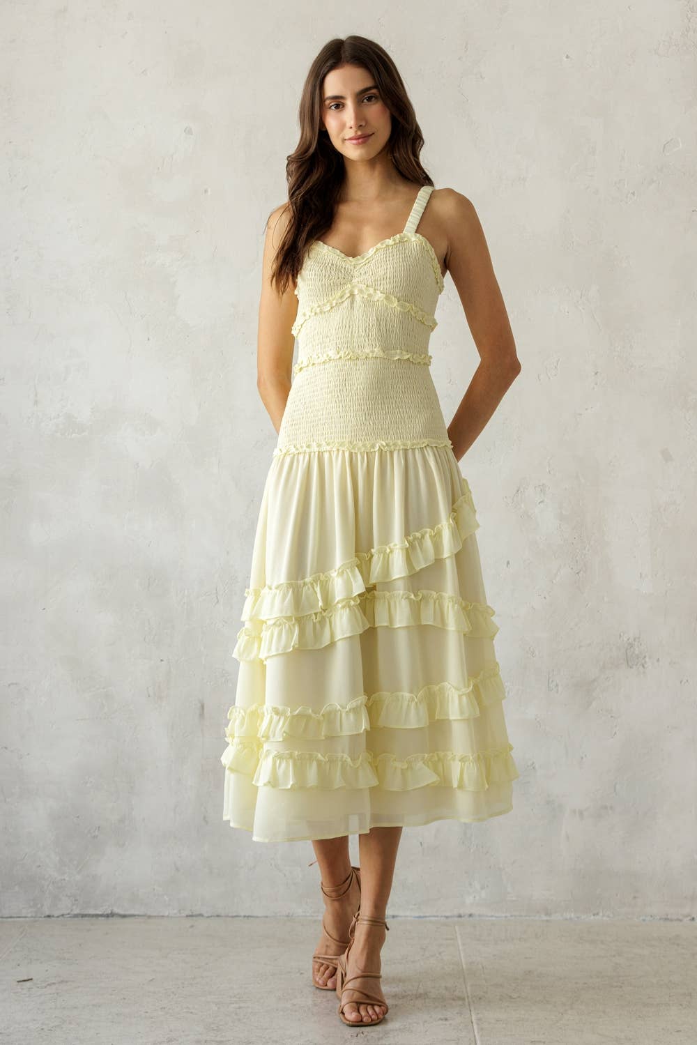 SONG BIRD YELLOW SMOCKED RUFFLE MIDI DRESS