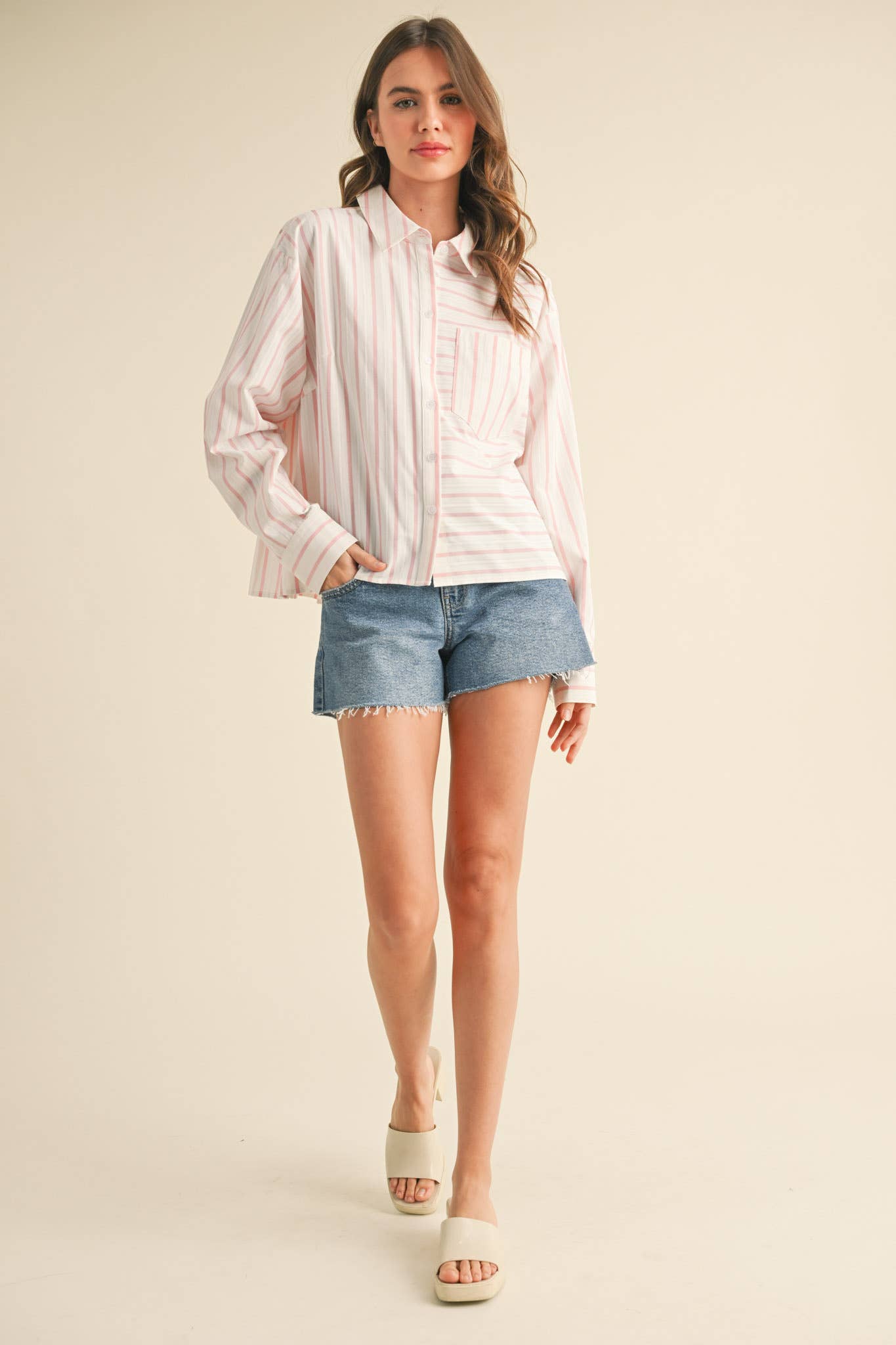 DAILY STRIPED COLLARED BUTTON DOWN TOP - CUSTARD STRIPE