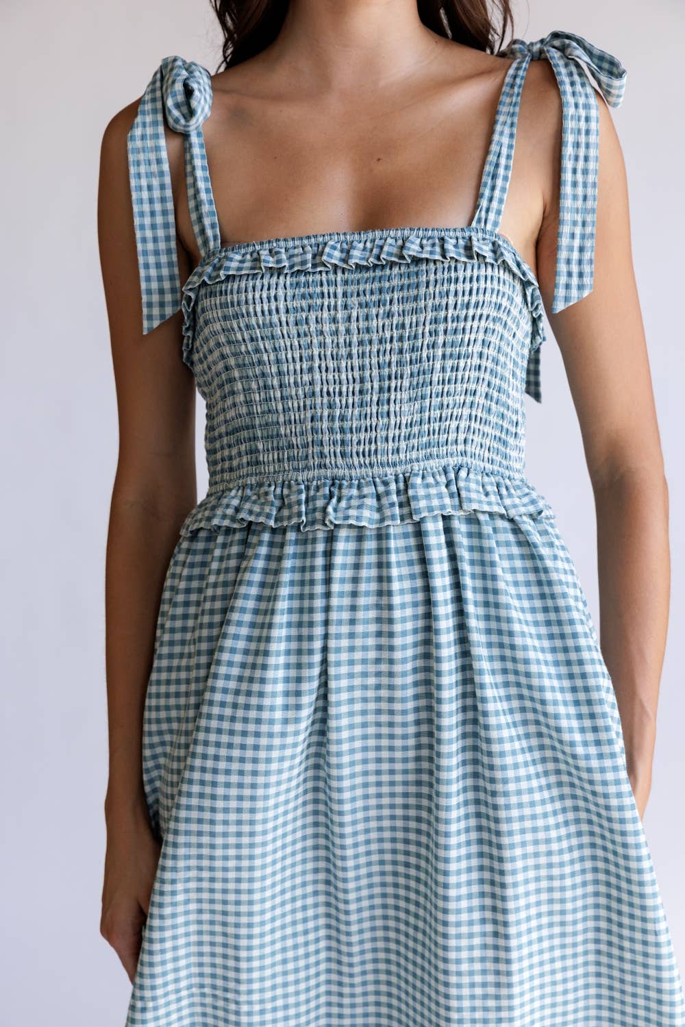 SMOCKED GINGHAM GIRL MIDI DRESS: IVORY & TEAL