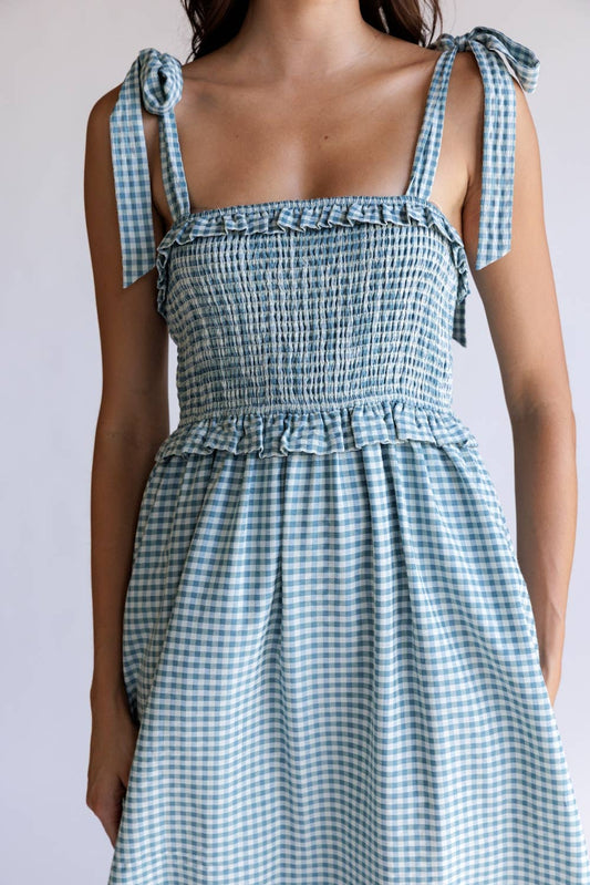 SMOCKED GINGHAM GIRL MIDI DRESS: IVORY & TEAL