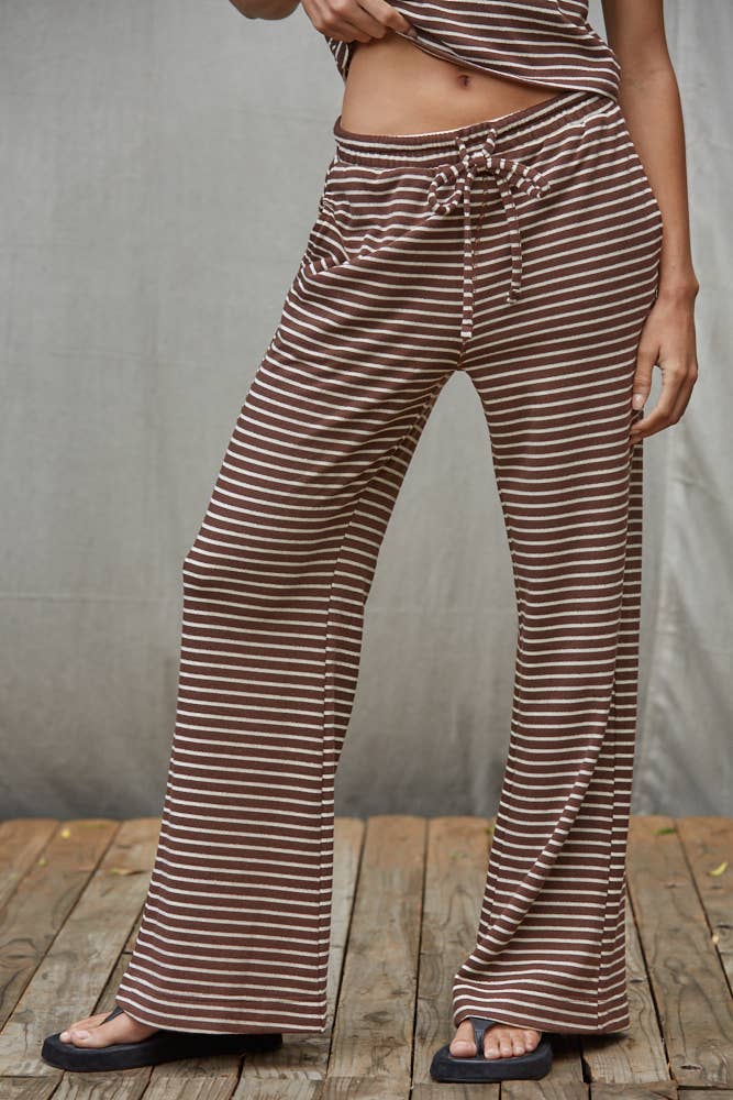 L8945B | Knit Polyester Cotton Striped Flare Pants: Grey Blue / S