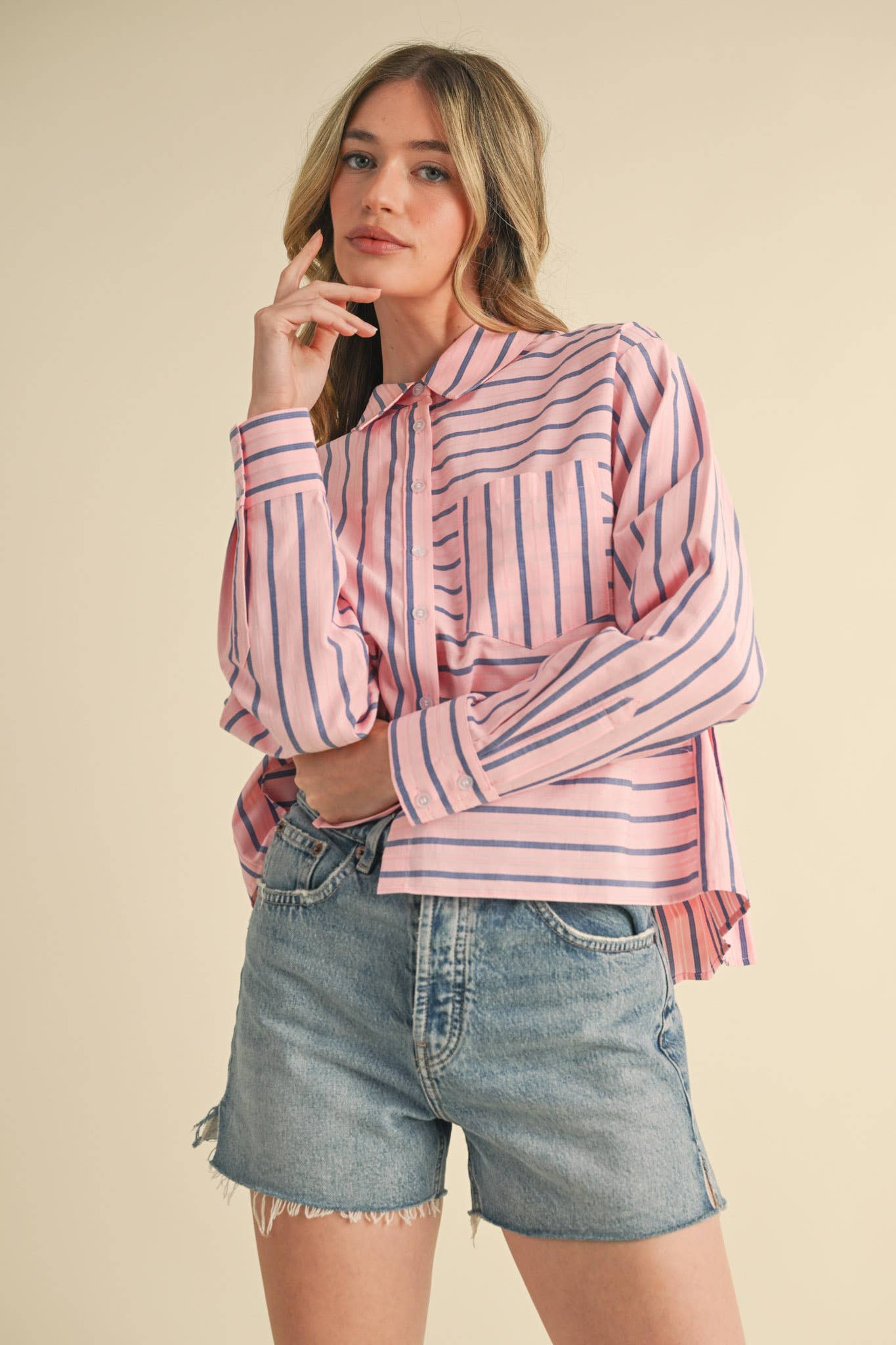 DAILY STRIPED COLLARED BUTTON DOWN TOP - CUSTARD STRIPE