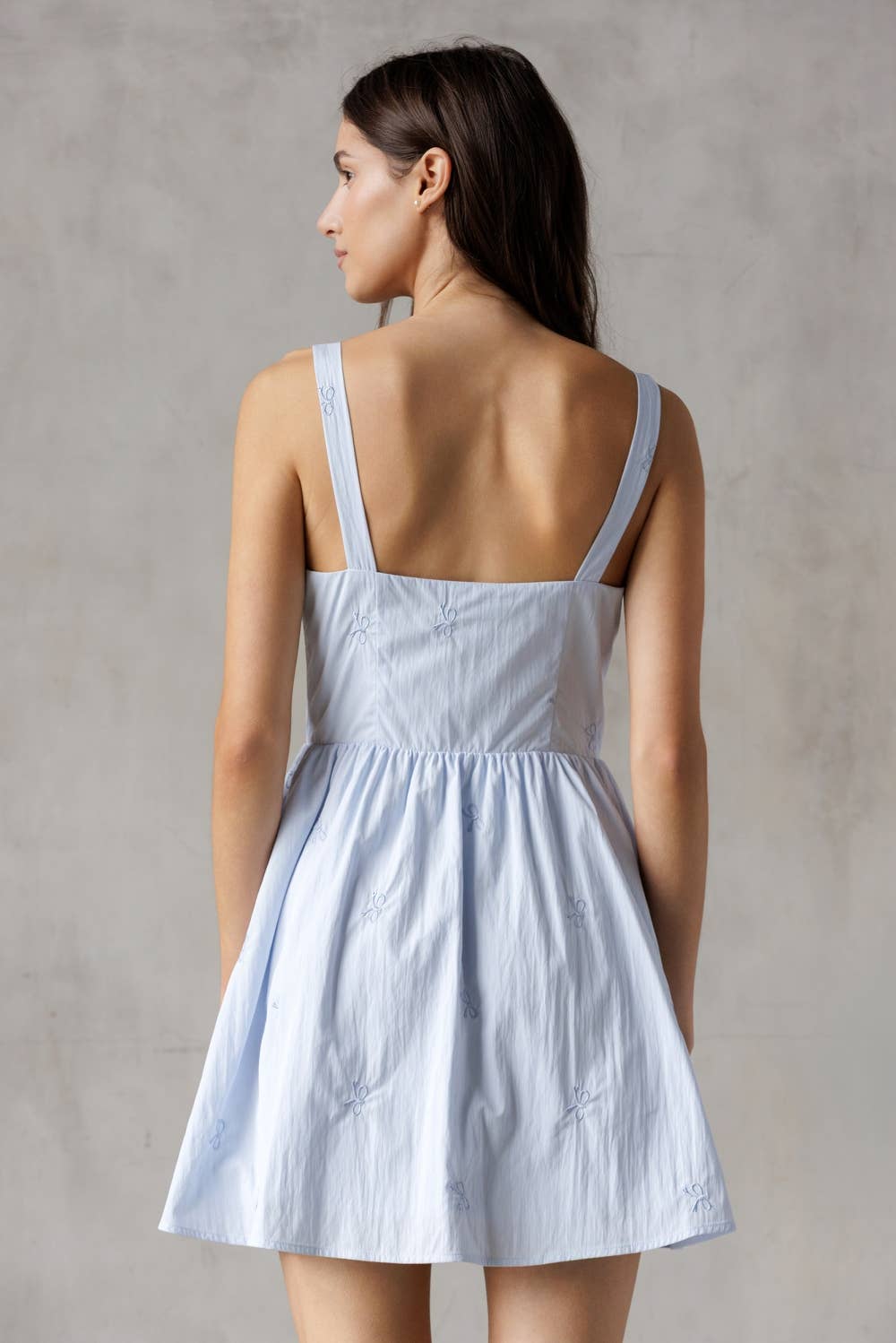 BABY BLUE BOW EMBROIDERY MINI DRESS: BABY BLUE