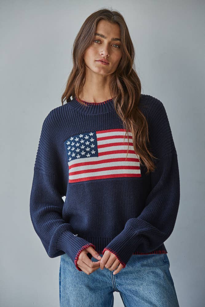 W2411 | Knit Sweater Crew American Flag Pullover: Off White / M
