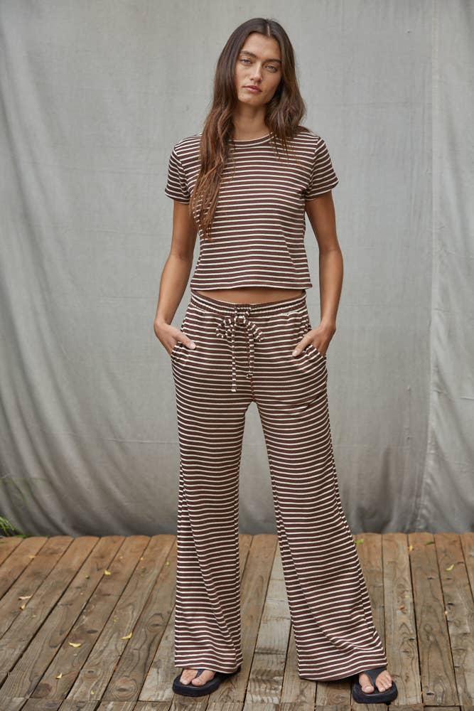 L8945B | Knit Polyester Cotton Striped Flare Pants: Grey Blue / S