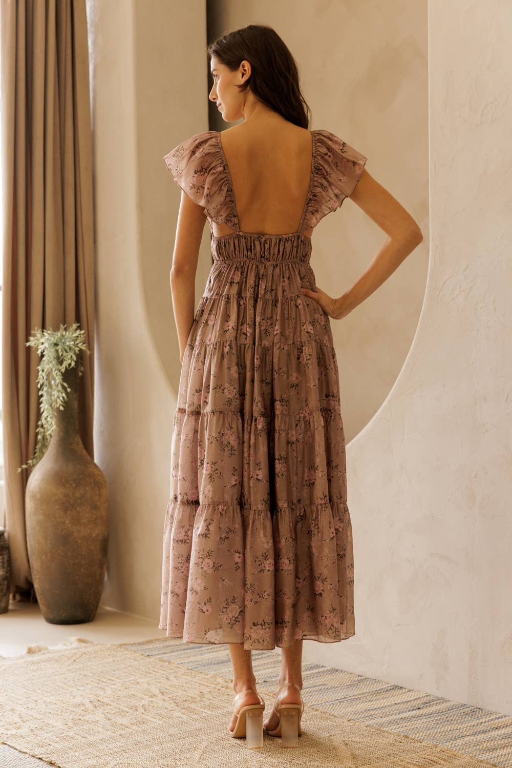 LANA FLORAL TIE FRONT TIERED MIDI DRESS: MAUVE FLORAL