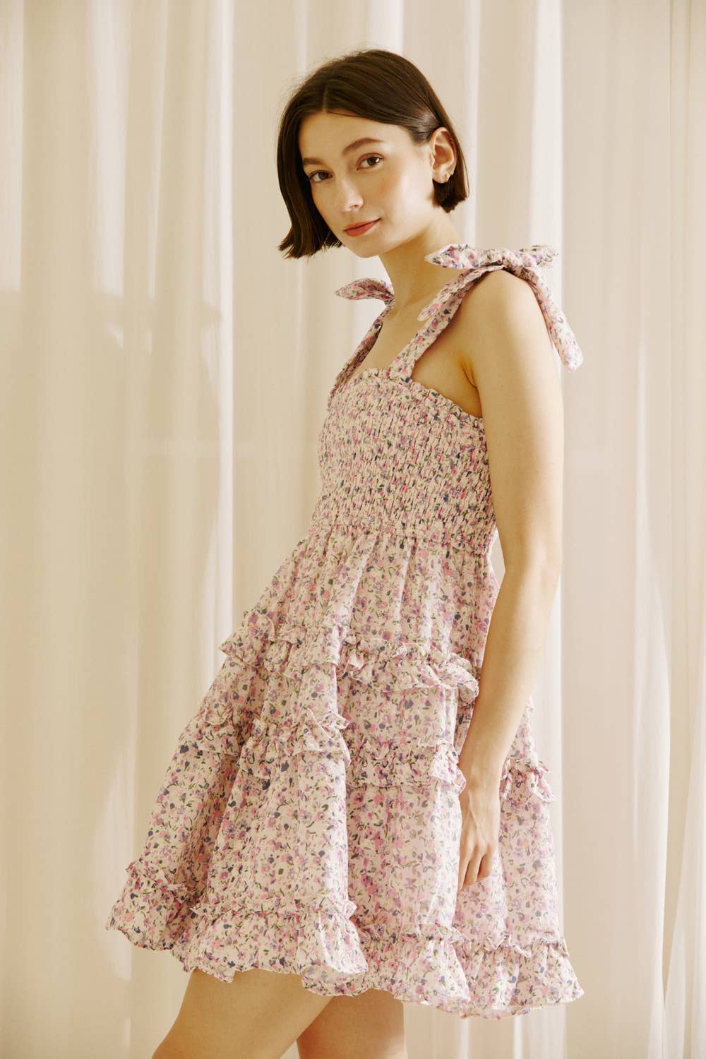 PARK GIRL FLORAL RUFFLED MINI DRESS: Lavender Floral / S