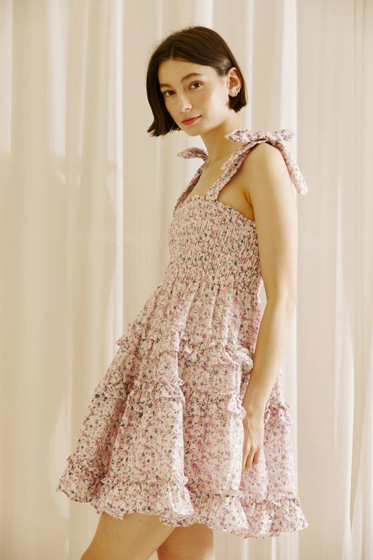 PARK GIRL FLORAL RUFFLED MINI DRESS: Lavender Floral / S