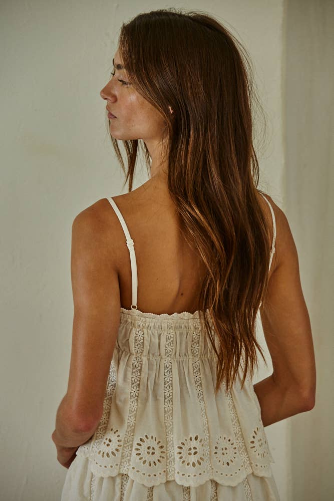 Woven Cotton Eyelet Tube Neck Spaghetti Strap Top