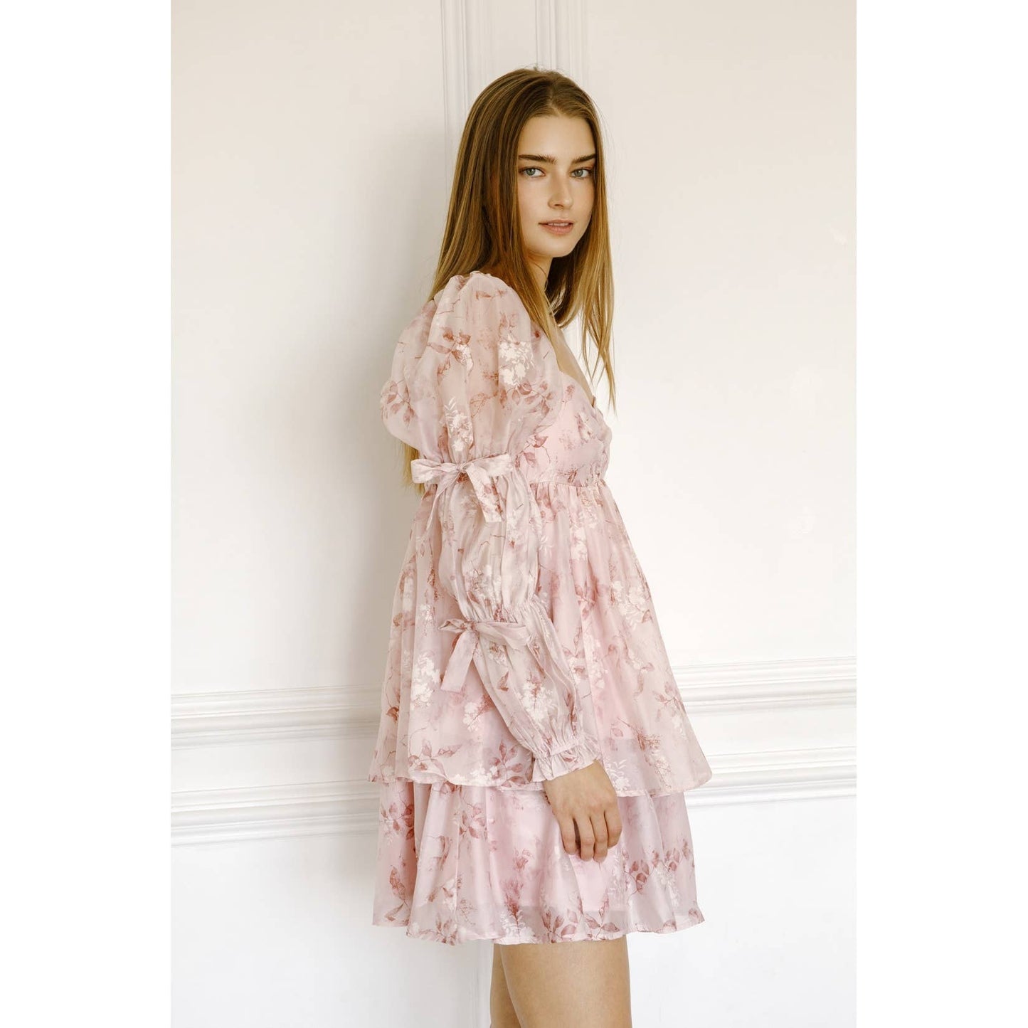 ISABEL FLORAL BOW SLEEVES BABY DOLL MINI DRESS : PINK