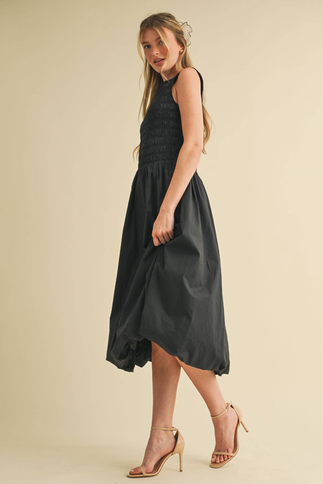 SMOCKED BUBBLE HEM MIDI DRESS MARINE BLUE