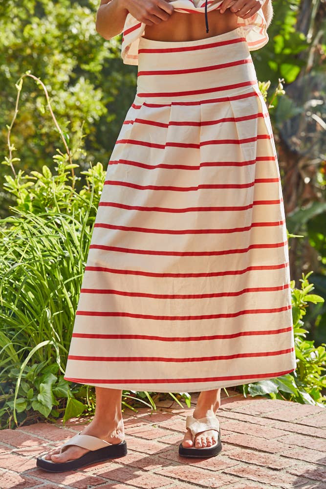 L9538B | Woven Cotton Striped Back Smocking Flare Midi Skirt: Cream Navy / S
