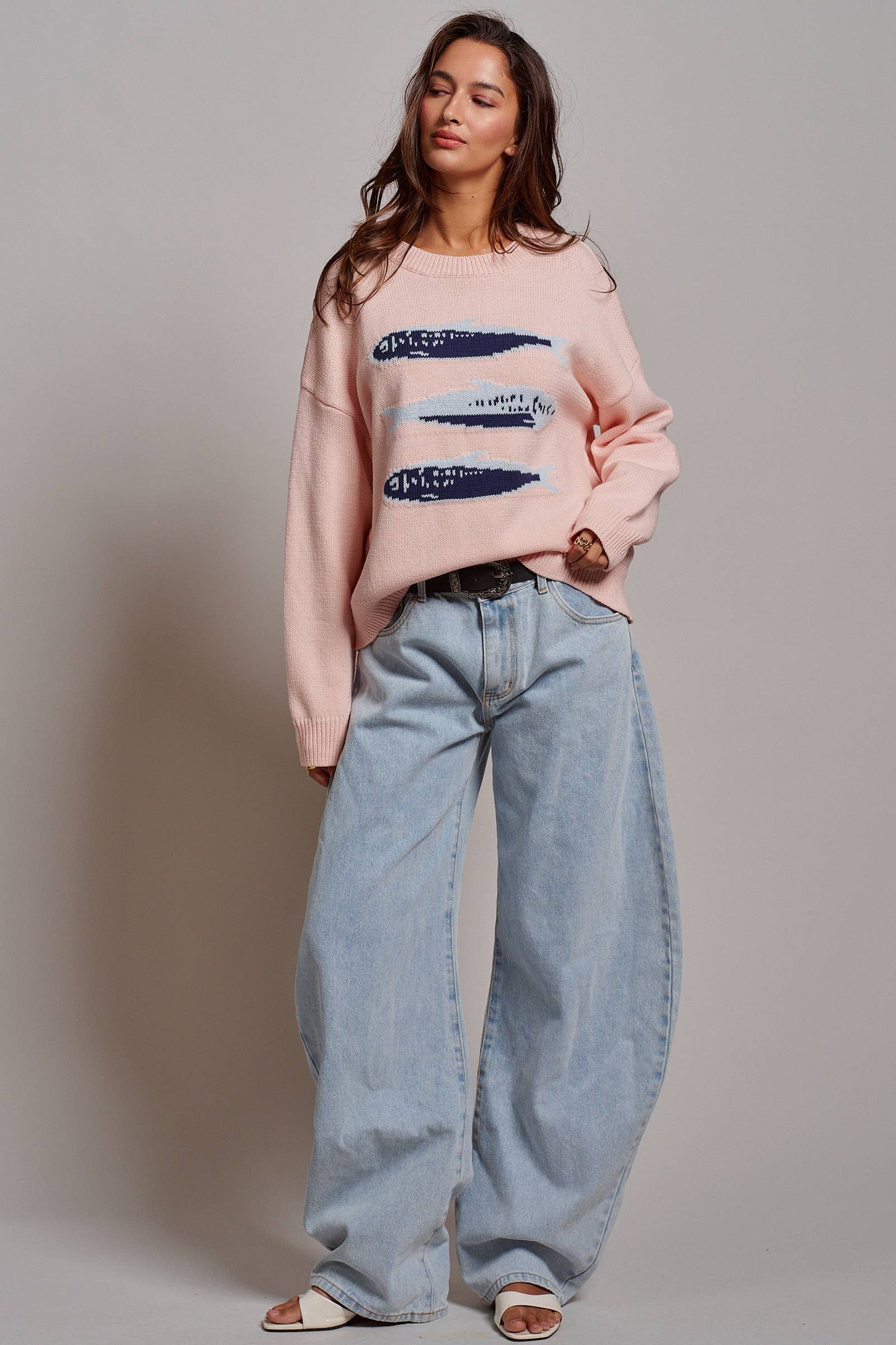 Graphic Oversized Drop-Shoulder Knit Sweater: Blue / SM-ML:3-3
