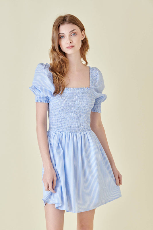 COTTAGE CORE  STRIPED POPLIN DRESS- BLUE
