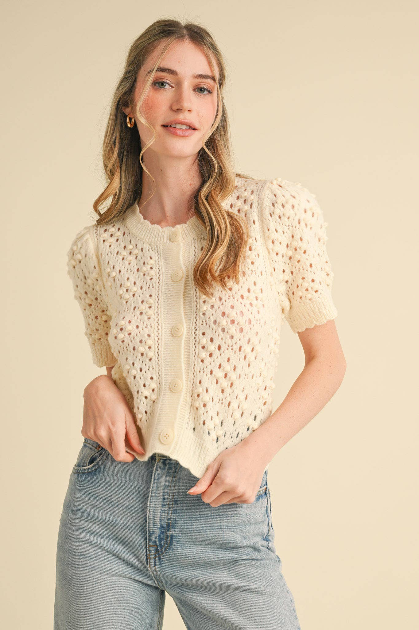 CROPPED POINTELLE BUTTON DOWN SWEATER CARDIGAN DUSTY BLUE