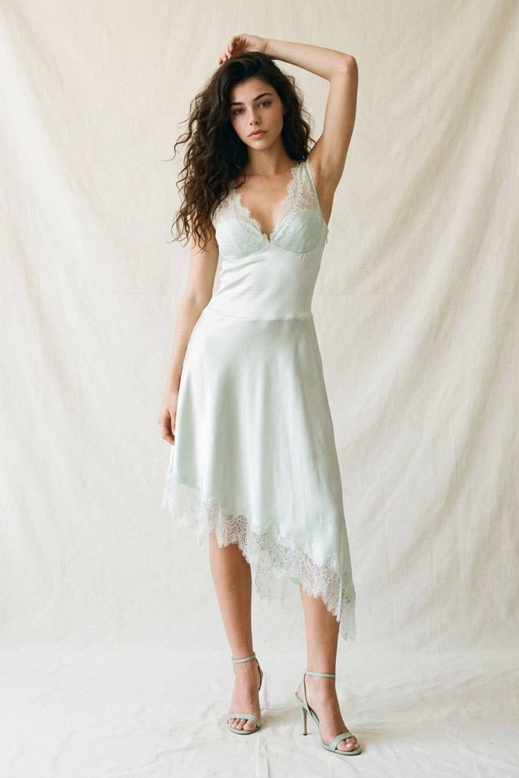 Seafoam Satin Lace Trim Asymmetrical Slip Dress
