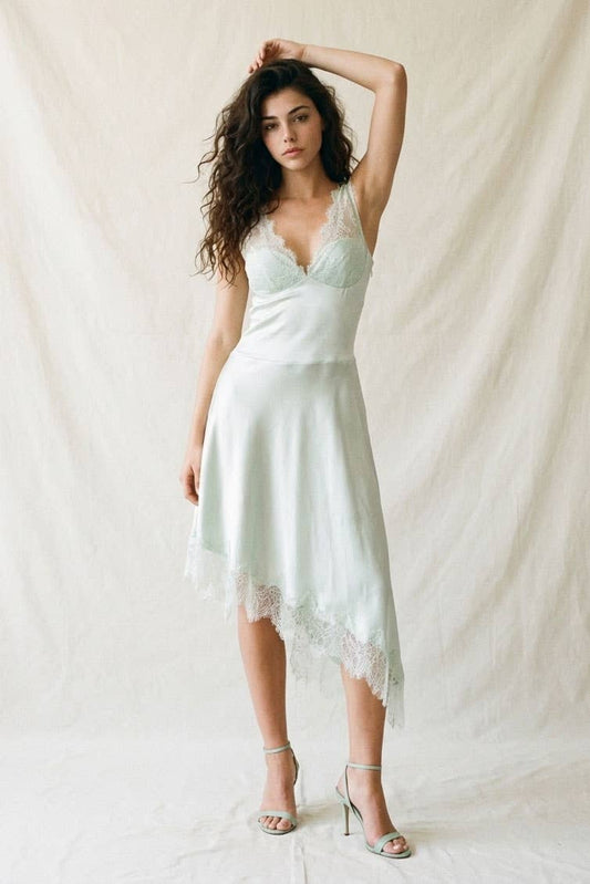 Seafoam Satin Lace Trim Asymmetrical Slip Dress