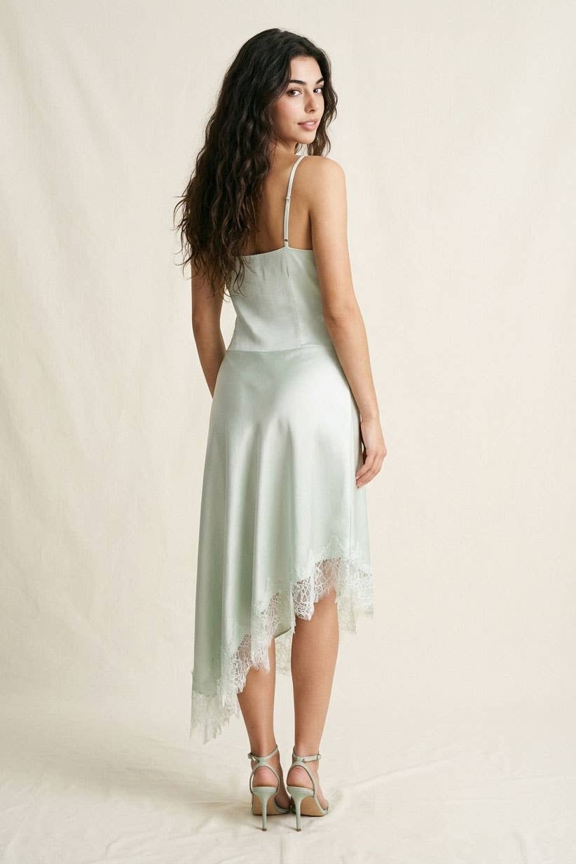 Seafoam Satin Lace Trim Asymmetrical Slip Dress