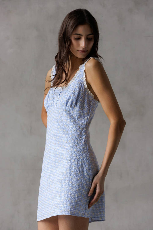 BLUE EYELET DRESS LACE DETAILING