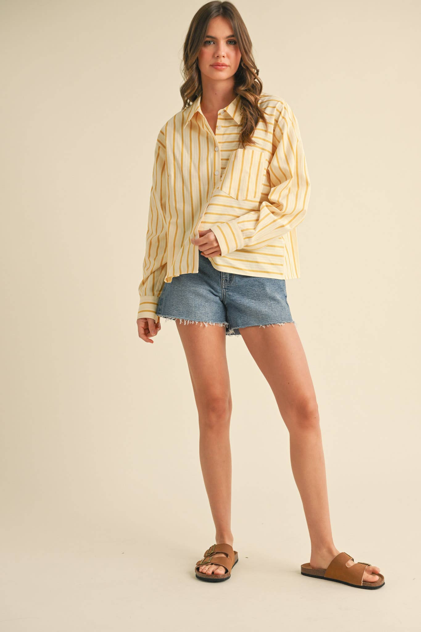 DAILY STRIPED COLLARED BUTTON DOWN TOP - CUSTARD STRIPE