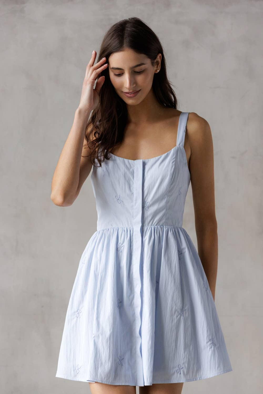 BABY BLUE BOW EMBROIDERY MINI DRESS: BABY BLUE