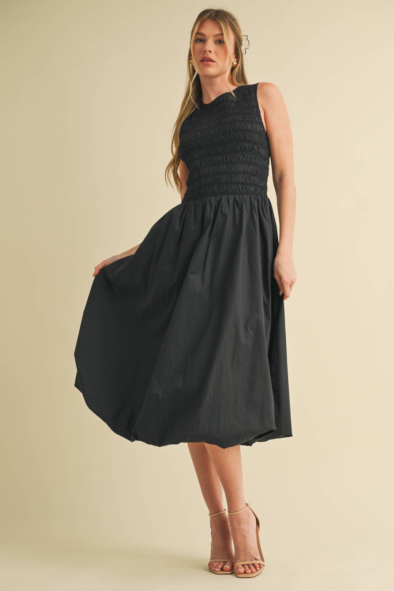 SMOCKED BUBBLE HEM MIDI DRESS MARINE BLUE