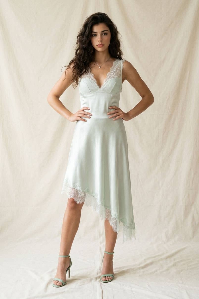 Seafoam Satin Lace Trim Asymmetrical Slip Dress