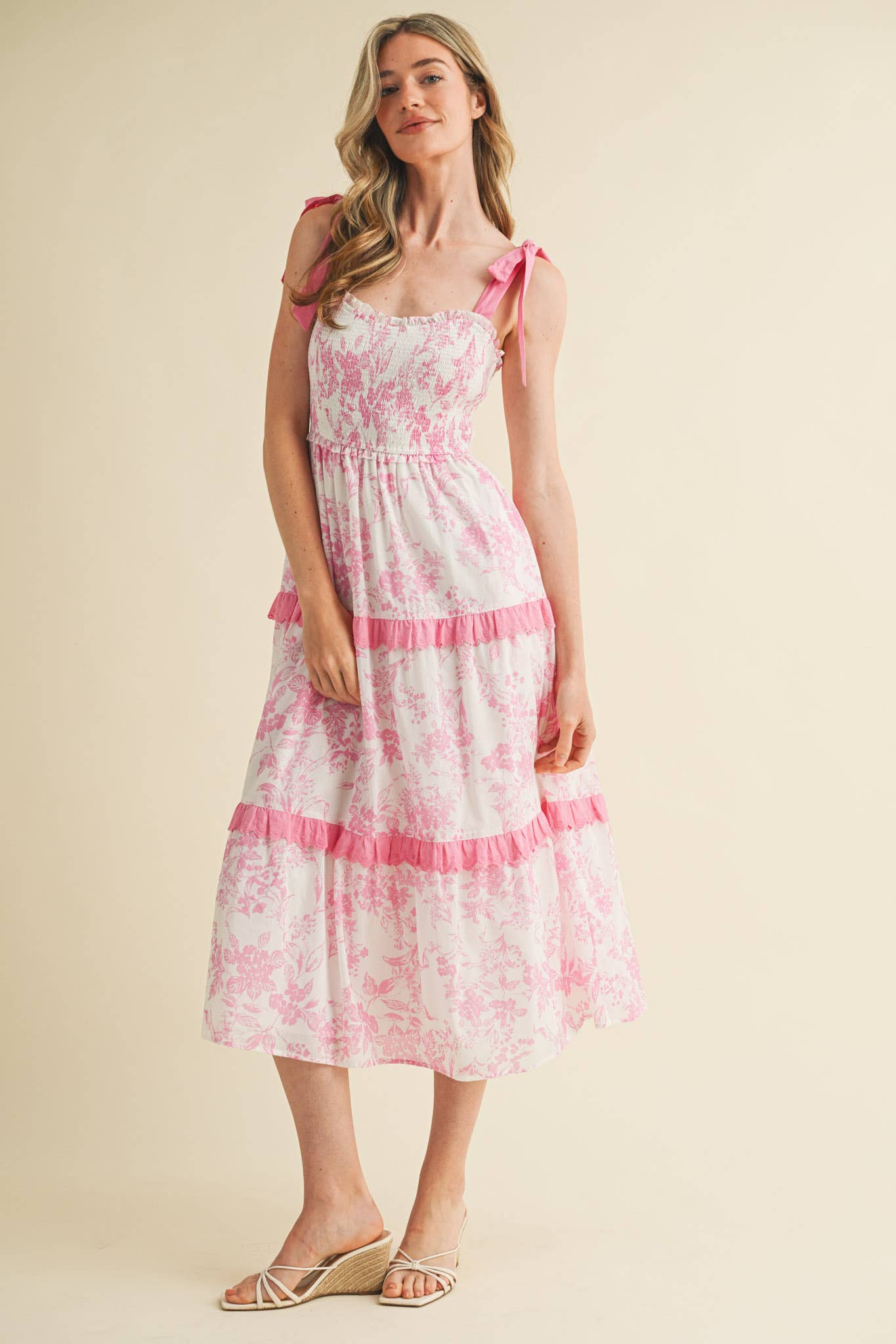 PINK FLORAL TIERED SCALLOP TRIM DRESS