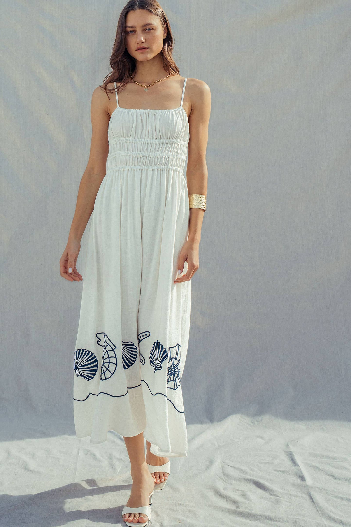 Seashell Embroidered Linen Blend Smocked Dress