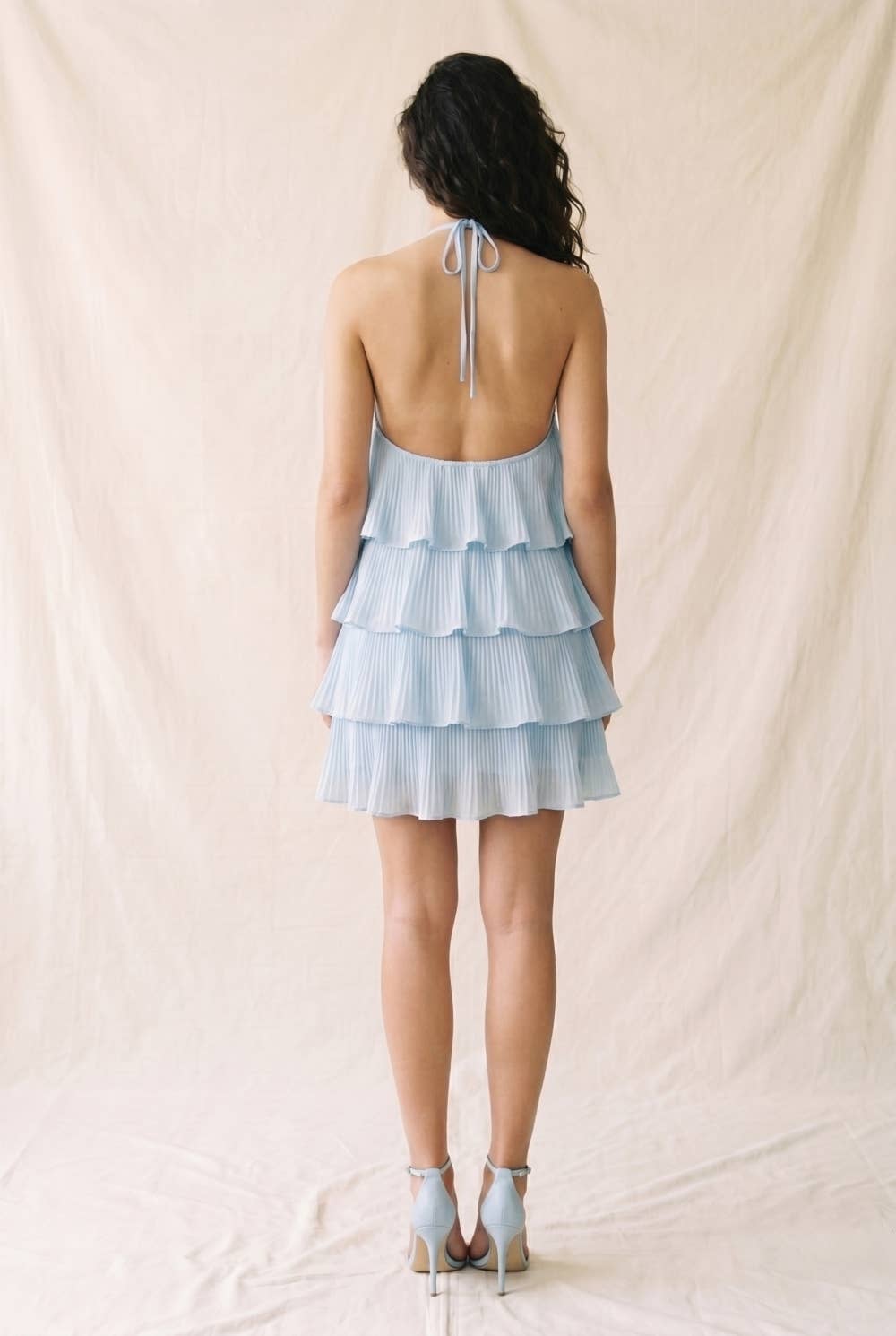 Pleated Tiered Ruffle Halter Mini Dress: BUTTER YELLOW / S
