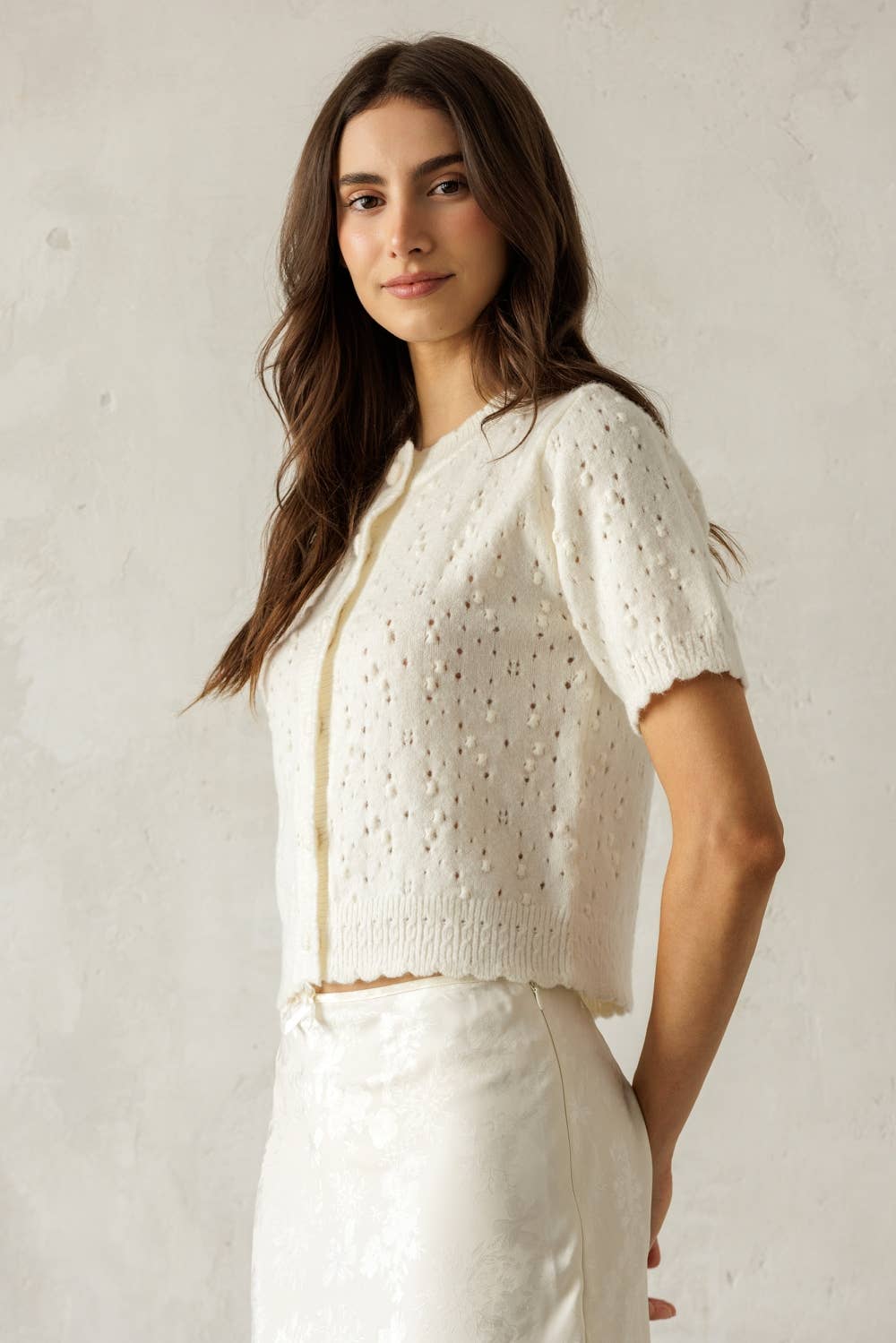 POINTELLE KNIT CARDIGAN: IVORY