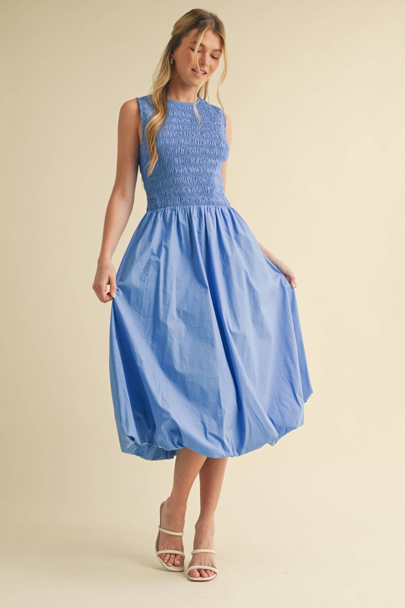 SMOCKED BUBBLE HEM MIDI DRESS MARINE BLUE