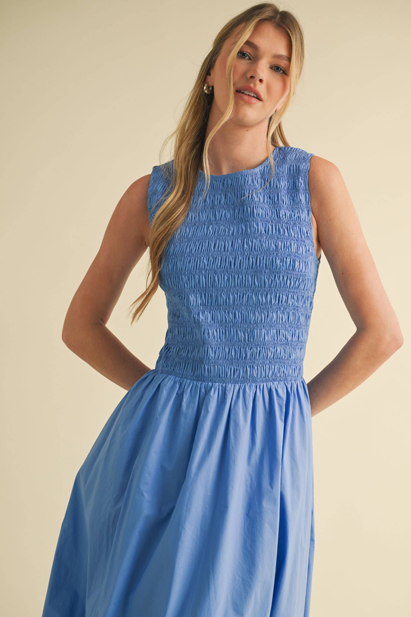 SMOCKED BUBBLE HEM MIDI DRESS MARINE BLUE
