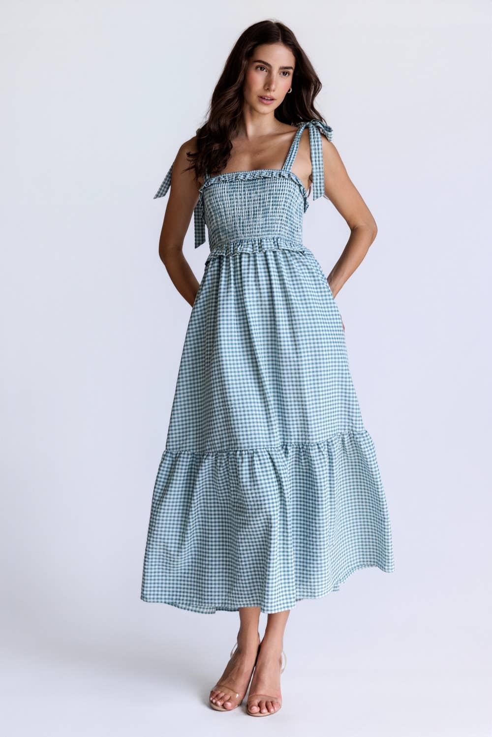 SMOCKED GINGHAM GIRL MIDI DRESS: IVORY & TEAL