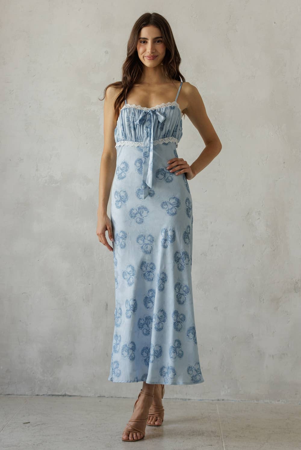 BLUE SEA FLORAL LACE TRIM MIDI DRESS