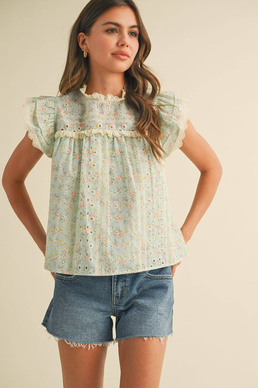 EYELET RUFFLE TRIM BABYDOLL TOP MTP3985: Blue Multi Floral / S