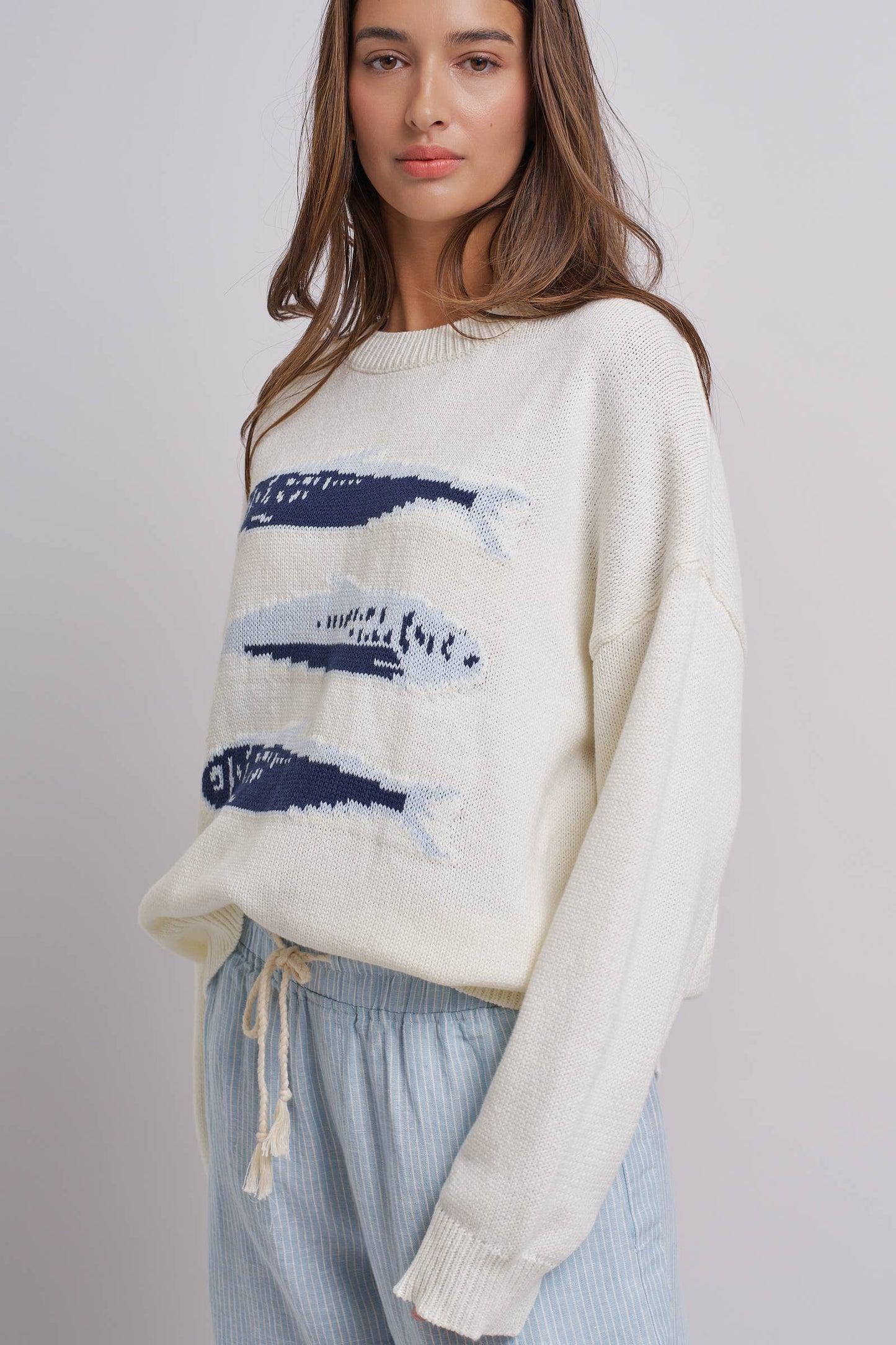 Graphic Oversized Drop-Shoulder Knit Sweater: Blue / SM-ML:3-3