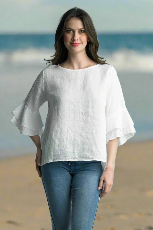 Sandra Linen Flutter Sleeve Top