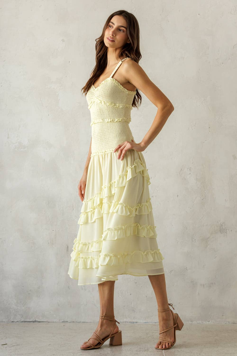 SONG BIRD YELLOW SMOCKED RUFFLE MIDI DRESS