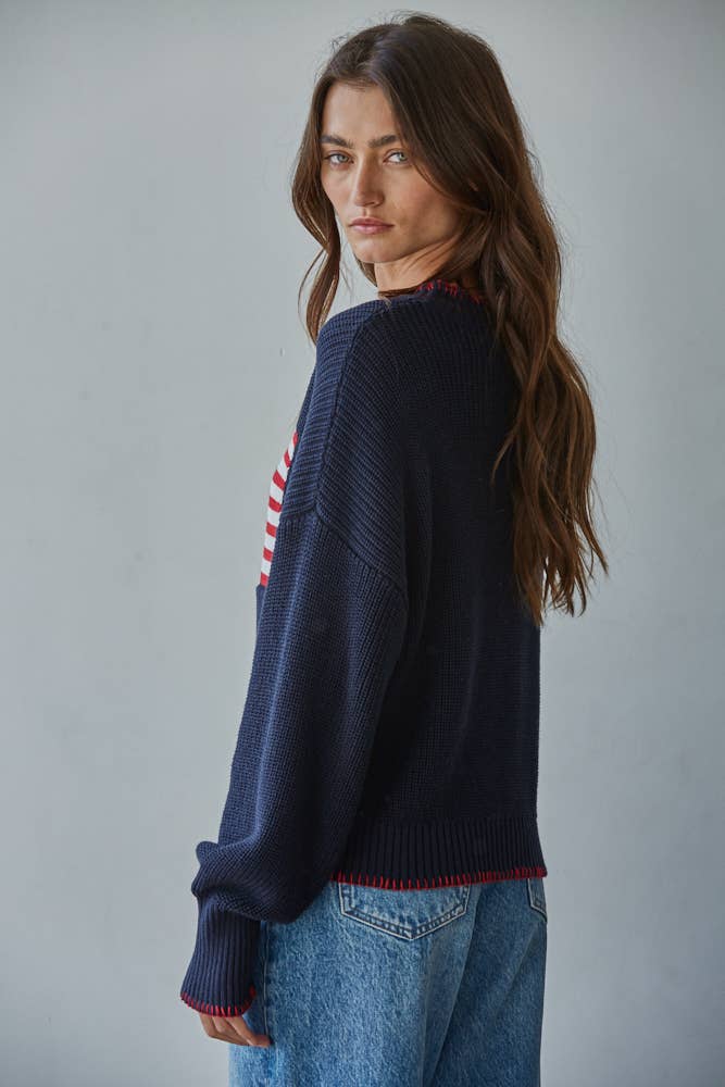 W2411 | Knit Sweater Crew American Flag Pullover: Off White / L