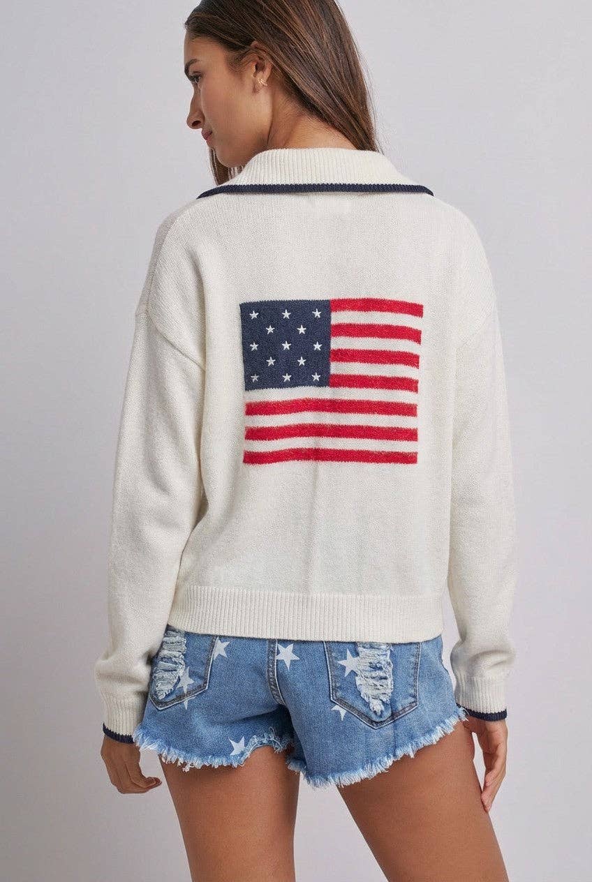 Americana Flag Quarter-Zip Knit Sweater: Ivory / SM- ML